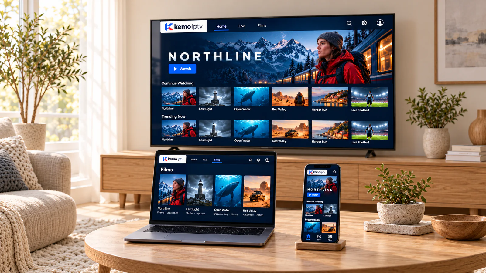 A television, laptop and smartphone showing the same fictional library in different layouts.