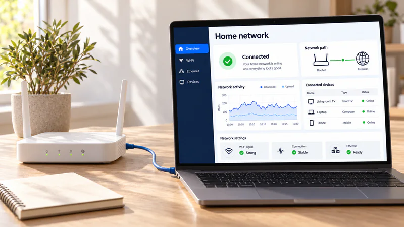 A home router and laptop displaying connection and device diagnostics.
