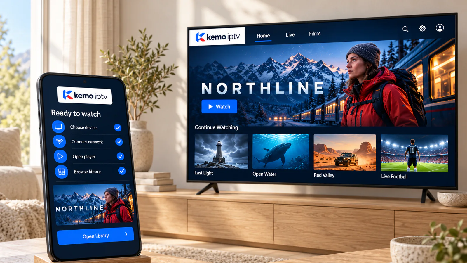 A phone setup checklist next to a television with a fictional entertainment library.