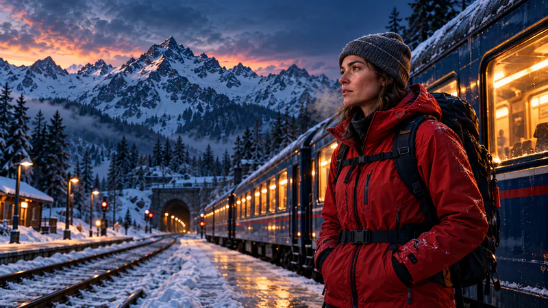 An alpine investigator stands beside a night train beneath snowy mountains.