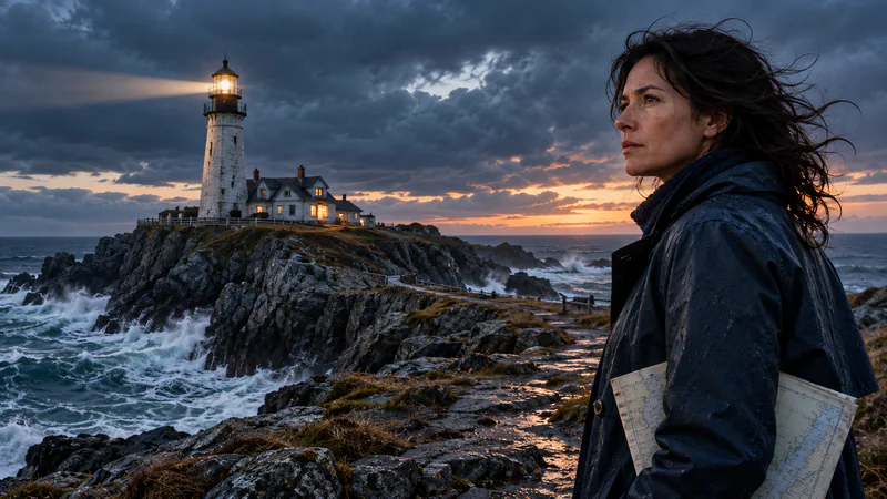 A maritime investigator overlooks a lighthouse and a rough sea at dusk.