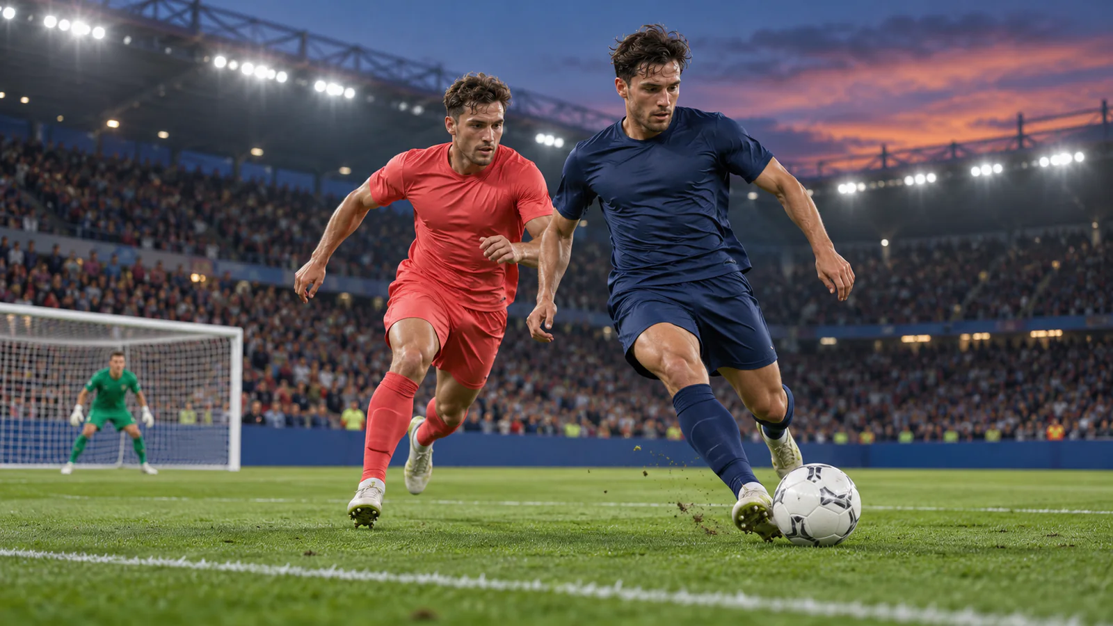 Original artwork of two fictional football players contesting the ball in a floodlit stadium.
