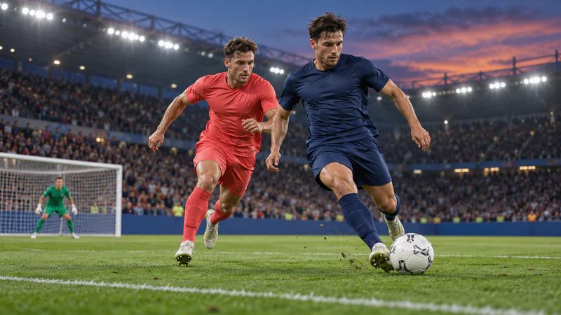 Two fictional football players contest the ball in a floodlit stadium.