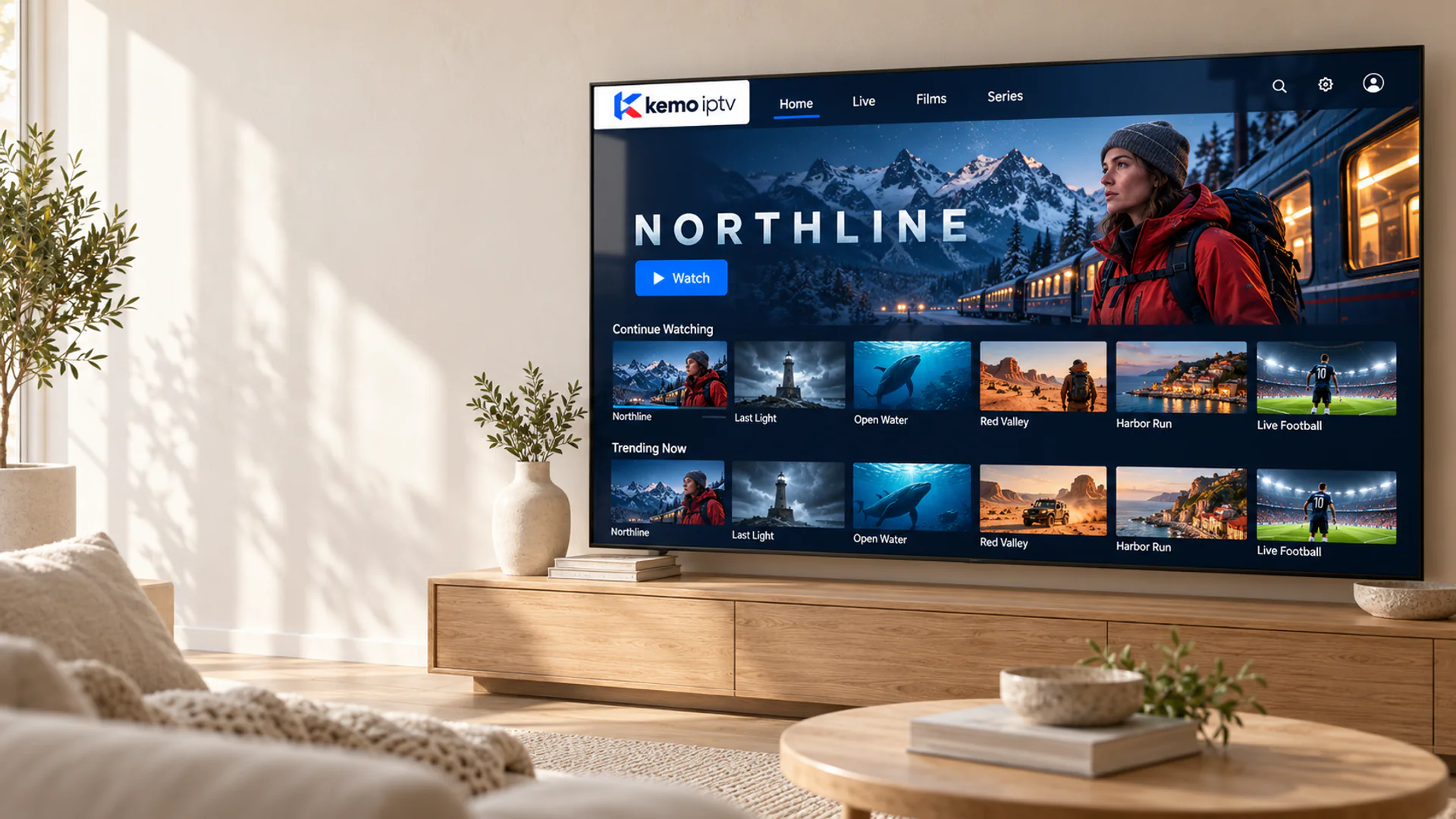 Television displaying an original kemo iptv library in a bright living room.