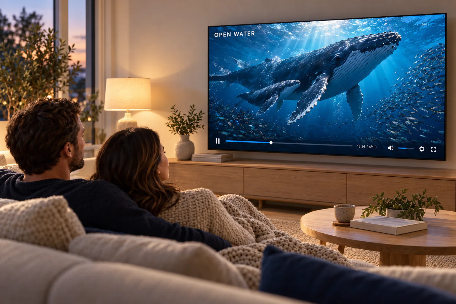 Two people relaxing on a sofa watching an ocean documentary on a large TV.