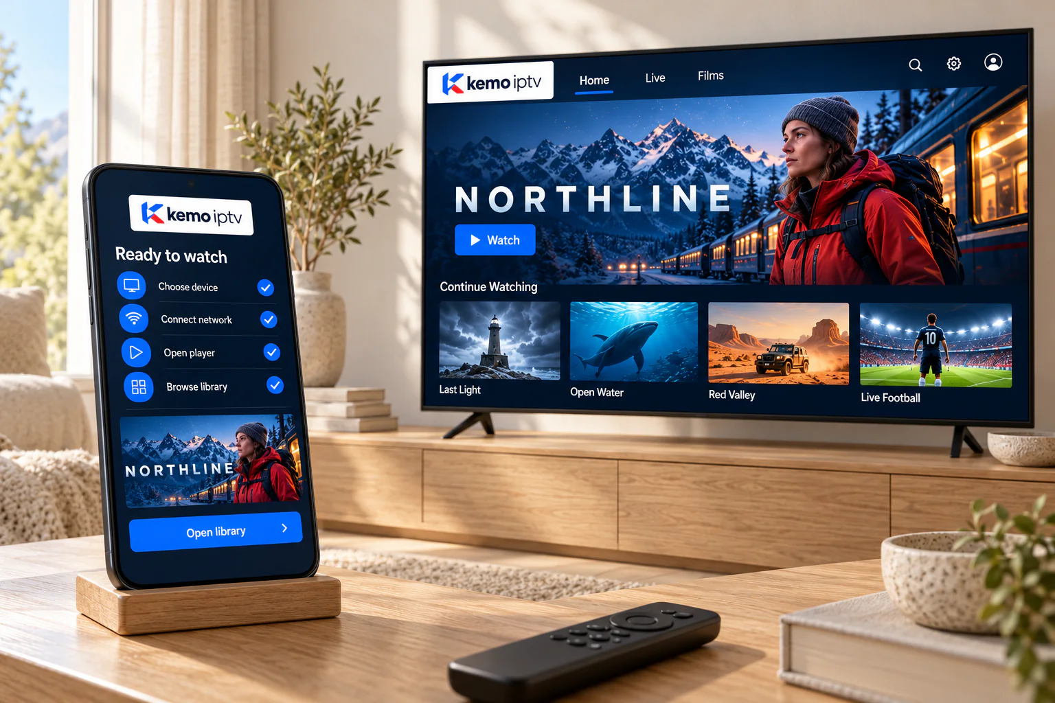 A phone showing a completed setup checklist next to a television ready to watch.