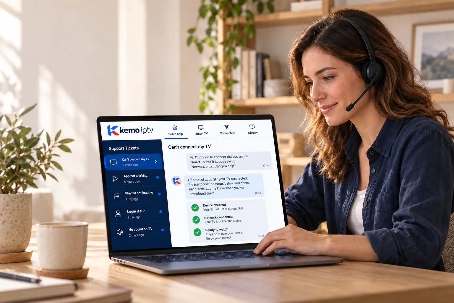 A support adviser with a headset reviews a TV setup conversation on a laptop.