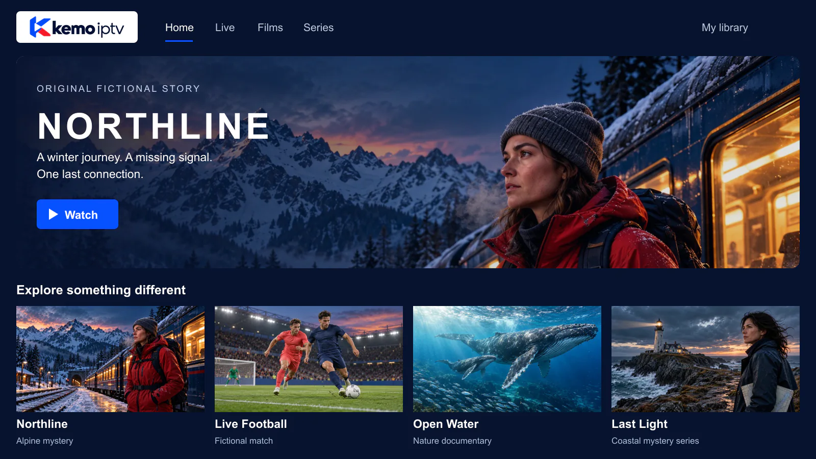 An original kemo iptv interface with rows of fictional films, sport, nature and series.